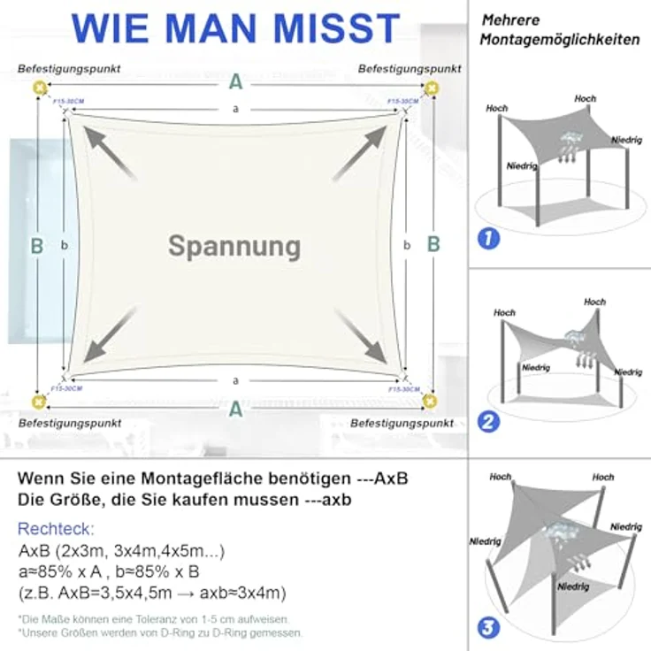 LOVE STORY Sonnensegel Wasserdicht 2x3 m Rechteckig PES Polyester Sonnenschutz Windschutz Balkon Terrasse 95% UV-Schut,für Balkon Garten,Cremeweiß – Bild 6