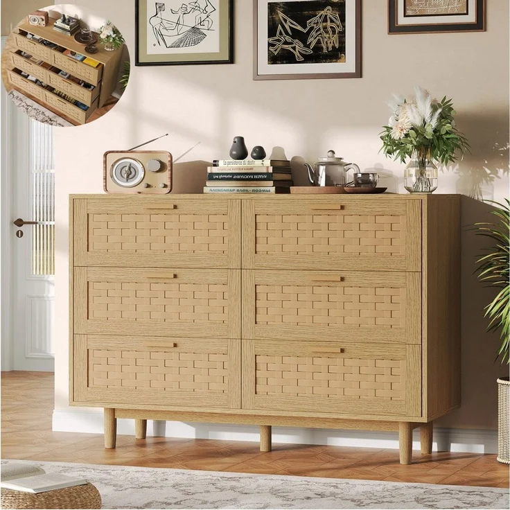PXloue Sideboard Rattankommode, Kommode mit Schiebetüren mit 6 Schubladen, Schlafzimmerschrank mit viel Stauraum, 115 ×80 ×40 cm – Bild 1