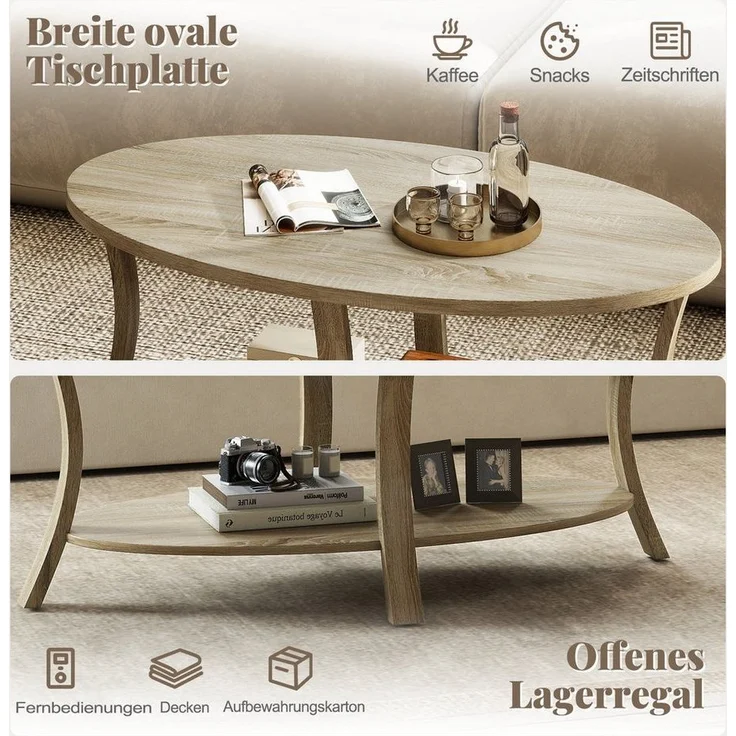 COSTWAY Couchtisch, ovaler Wohnzimmertisch mit Ablage, Holz – Bild 2
