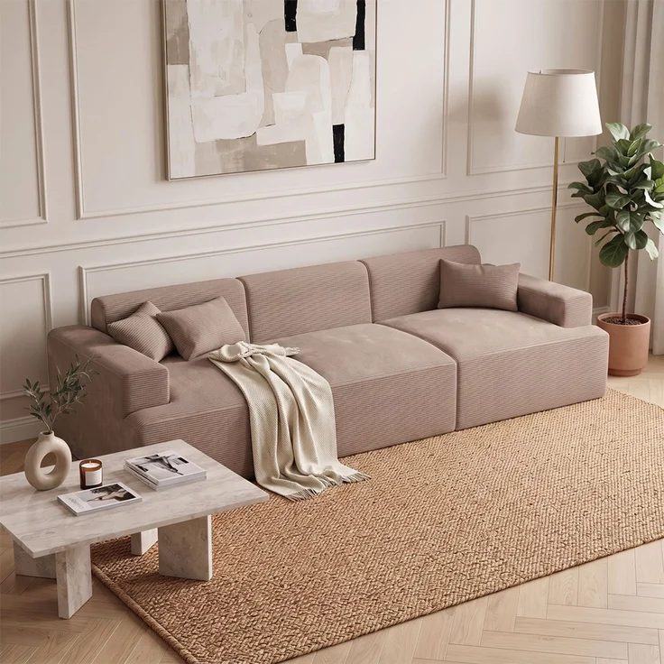 skølm 'Freki' Cloud Sofa 3 Sitzer, Vollschaumcouch mit Federkern und Vakuum-Kompression, kein Aufbau erforderlich, mit 3 Kissen, Cord taupe – Bild 6