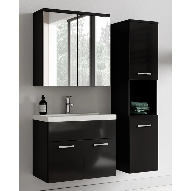 Badplaats Badmöbel Komplettset Montreal 60x35 cm Schwarz Hochglanz - Badezimmermöbel mit Waschbecken, Spiegelschrank und Badezimmerschrank – Bild 2