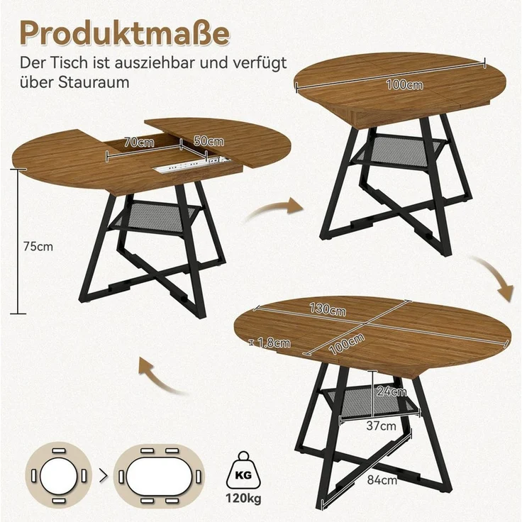 Puluomis Esstisch 100-130cm ausziehbar mit versteckte Fächer, offene Regale, 120kg Tragkraft, für Wohnzimmer, Esszimmer – Bild 3