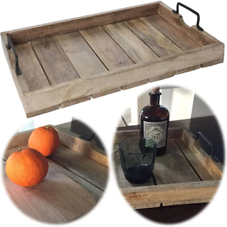 XL Mango Serviertablett 46x31 cm Holz-Tablett Dekotablett Griff Henkel Shabby