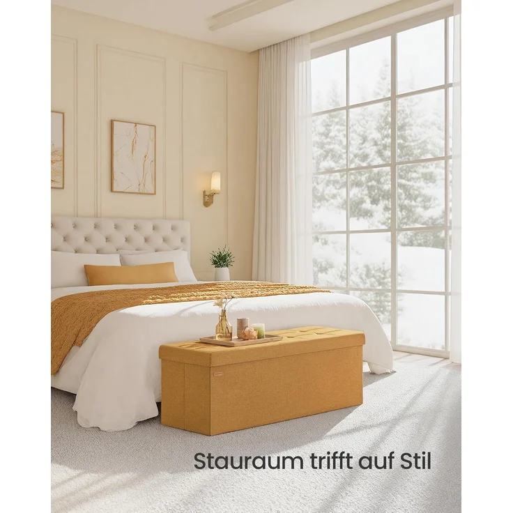 SONGMICS Sitzhocker mit Stauraum, klappbare Sitzbank, 38 x 110 x 38 cm Fußbank, Aufbewahrungsbox, bis 300 kg belastbar, für Wohnzimmer Schlafzimmer Flur, ingwergelb – Bild 2