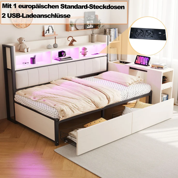 Bett 90x200 cm mit Stauraum und ausklappbarem Schreibtisch – Weiß, Metall & Holz – Bild 6