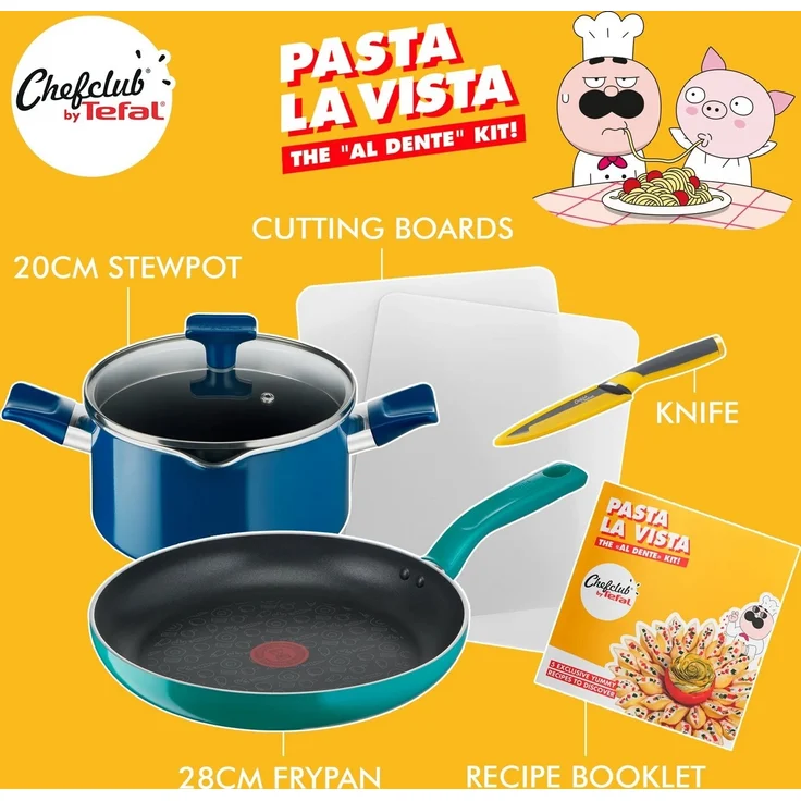 Tefal Topf-Set Tefal Pasta La Vista Kochgeschirr-Set, Aluminium (6-tlg), Pfanne 28cm & Kochtopf 20cm Inkl. Messer, Schneidebretter & Rezeptheft – Bild 1
