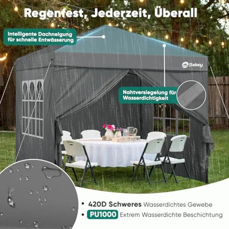 Sekey Pavillon 3x3 mit 4 Seitenteile, Faltpavillon Wasserdicht Stabil Winterfest, Pop Up Pavillon Faltbar für Camping, Festival, Events, Picknicks, Partyzelt Gartenzelt mit 4 Sandsäcke, Grau – Bild 6