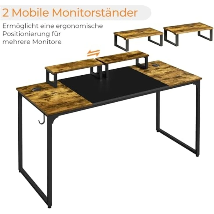 Yaheetech Schreibtisch Computertisch, Arbeitstisch Lerntisch mit 2 Motorhalterung/2 Kabeldurchführungen/1 Kopfhörerhaken, 140 × 60 × 89,5 cm, Rustikales Braun – Bild 5