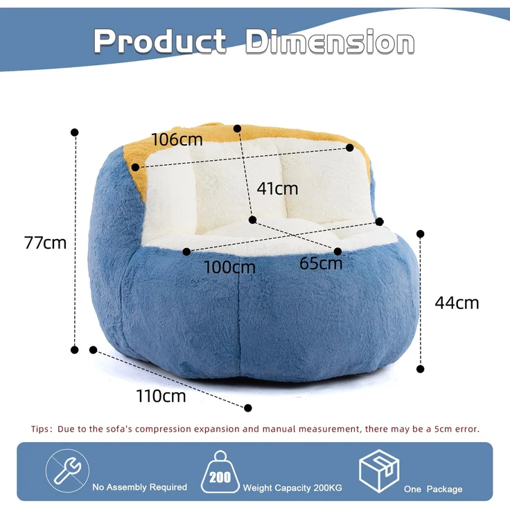 Wohnora – Übergroße Sitzsäcke, mehrfarbiges Kunstfellsofa mit Füllung aus Schaumstoffflocken, großes Lounge-Sofa fürs Wohnzimmer, keine Montage erforderlich, blau + weiß + gelb, H 77 cm x T 106 cm x B 110 cm, mehrfarbig – Bild 2