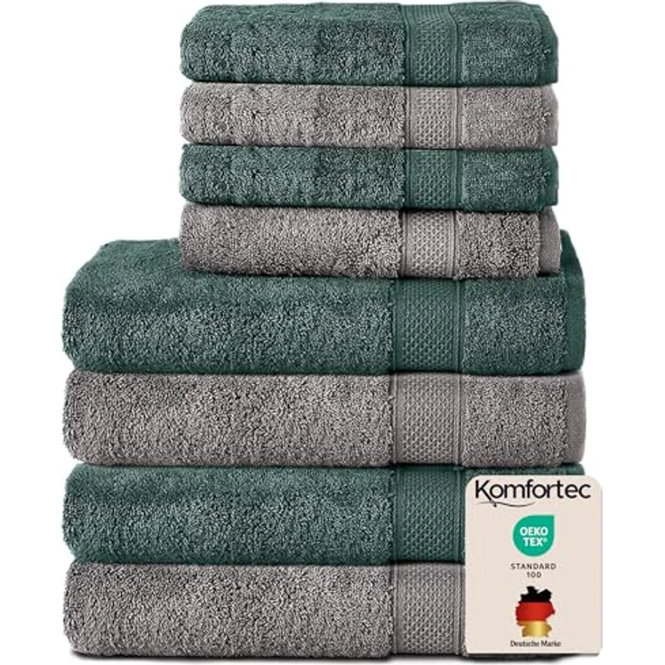 Komfortec 8er Handtuch Set aus 100% Baumwolle, 4 Badetücher 70x140 und 4 Handtücher 50x100 cm, Frottee, Weich,Groß, Anthrazit Grau/Dunkel grün – Bild 2