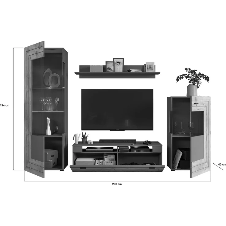 Xonox 'Freno' Wohnwandkombination, 4-teilig, Holzwerkstoff grau / nox eiche, 290 x 40 x 194 cm – Bild 4