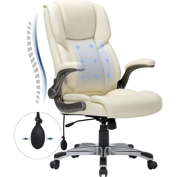 COLAMY Bürostuhl mit Hoher Rückenlehne, Ergonomischer Computer-Schreibtischstuhl, Leder mit Gepolsterten Klapparmlehnen, Verstellbarer Neigungsverschluss, Drehstuhl für Erwachsene, Elfenbein