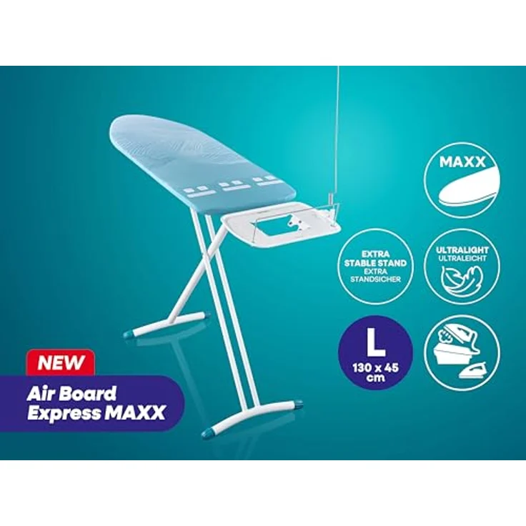 Leifheit Air Board Express L Solid MAXX, ultraleichter Bügeltisch mit 130 x 45 cm Bügelfläche, höhenverstellbar bis 100 cm, ideal für Dampfstationen – Bild 2