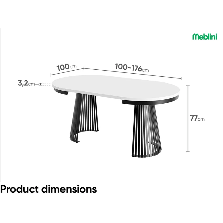 MEBLINI Esstisch Rund Ausziehbar aus Metall - 100-176x77cm - LAMORE - Weiß Matt/Schwarz Matt - Loft - Esszimmertisch Modern - Küchentisch - Ausziehtisch - Round Dining Table - Esszimmertische - Weiß Matt/Schwarz Matt – Bild 7