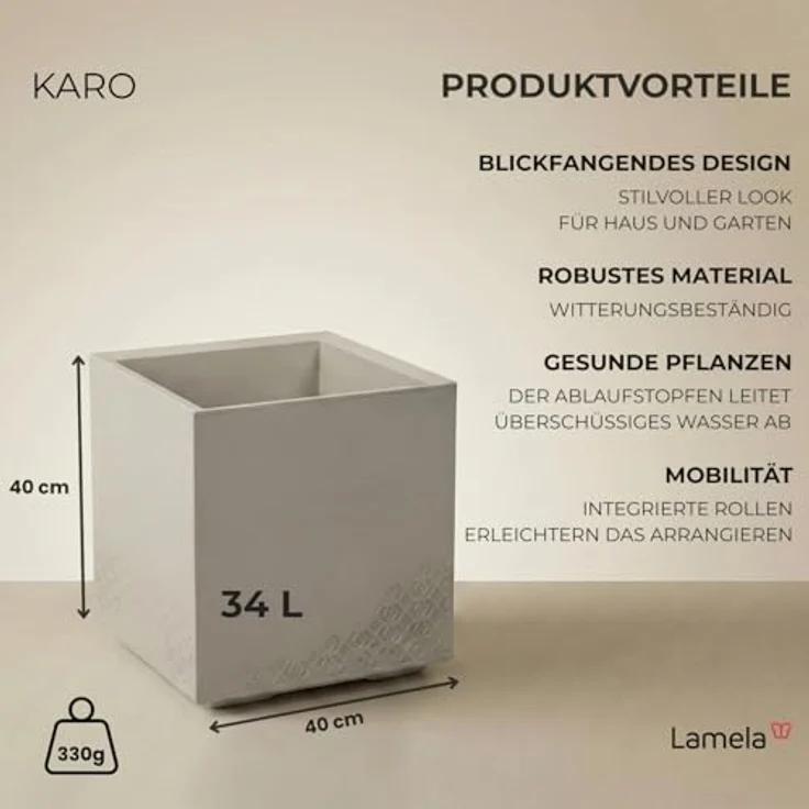 LAMELA Pflanzkübel mit Rollen 40 cm, 36L – Blumentopf aus Kunststoff in Betonoptik – Übertopf mit Wasserablauf – Modern für Innen & Außen - Wetterfest & Pflegeleicht, Beige – Bild 3