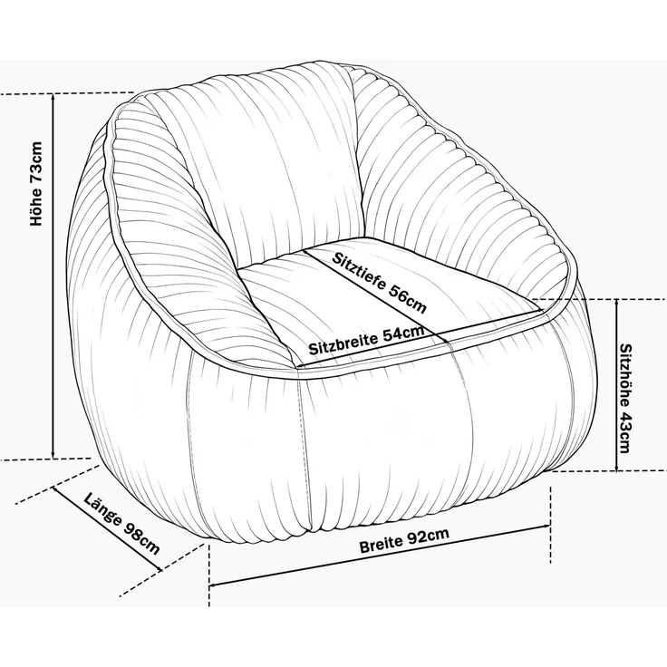 Sitzsack aus Cord mit Schaumstofffüllung, leicht zu bewegen, 98x92x73 cm, Schwarz – Bild 3