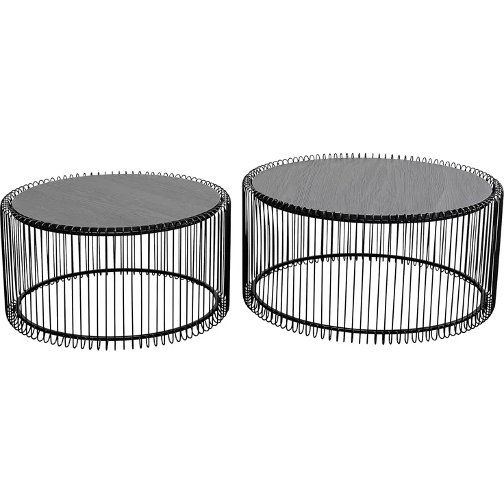 Kare Design Couchtisch Wire Wood 2er Set, Schwarz, 63/53cm Durchmesser,Wohnzimmertisch, Stahlgestell, Tischplatte aus Holz, Wohnzimmer, Rund, 34 x 70 x 70 cm (H/B/T)