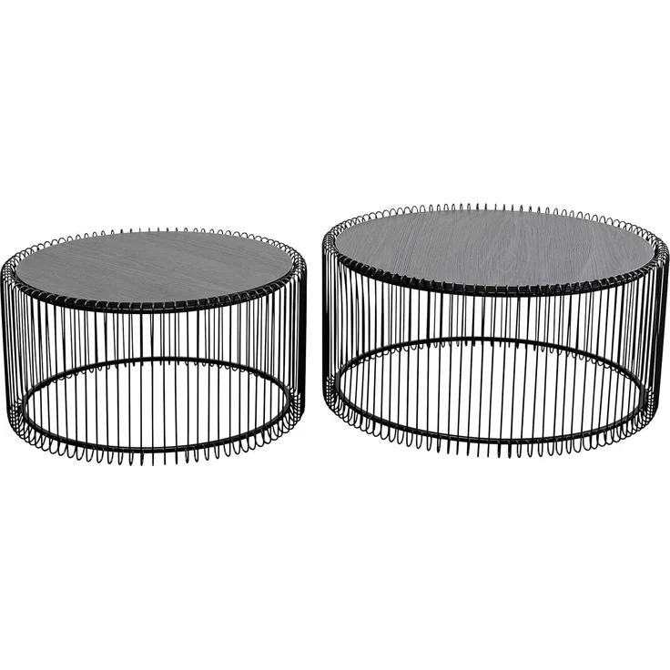 Kare Design Couchtisch Wire Wood 2er Set, Schwarz, 63/53cm Durchmesser,Wohnzimmertisch, Stahlgestell, Tischplatte aus Holz, Wohnzimmer, Rund, 34 x 70 x 70 cm (H/B/T) – Bild 1