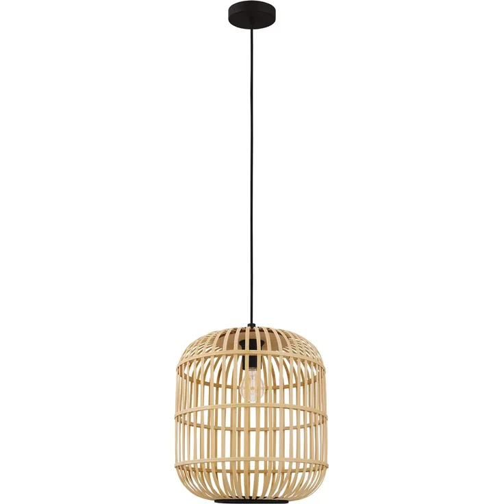 EGLO Pendelleuchte Bordesley, 1 flammige Hängelampe Vintage, Natur, Boho, Hygge, Hängeleuchte Stahl in Schwarz und Holz in Naturfarben, Esstischlampe, Wohnzimmerlampe hängend mit E27 Fassung, Ø 34 cm