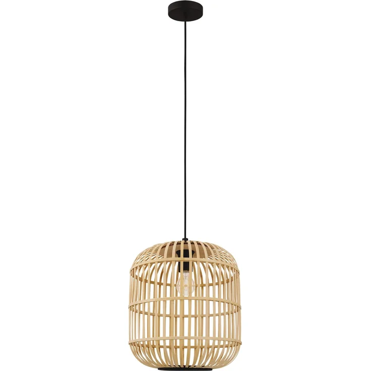 EGLO Pendelleuchte Bordesley, 1 flammige Hängelampe Vintage, Natur, Boho, Hygge, Hängeleuchte Stahl in Schwarz und Holz in Naturfarben, Esstischlampe, Wohnzimmerlampe hängend mit E27 Fassung, Ø 34 cm