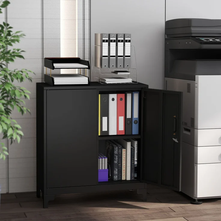 Büroschrank aus Metall, verschließbare Türen, Bürokommode, 2-stufiges Design, Schwarz--Schwarz--91x35x80cm--YOUDENOVA – Bild 10