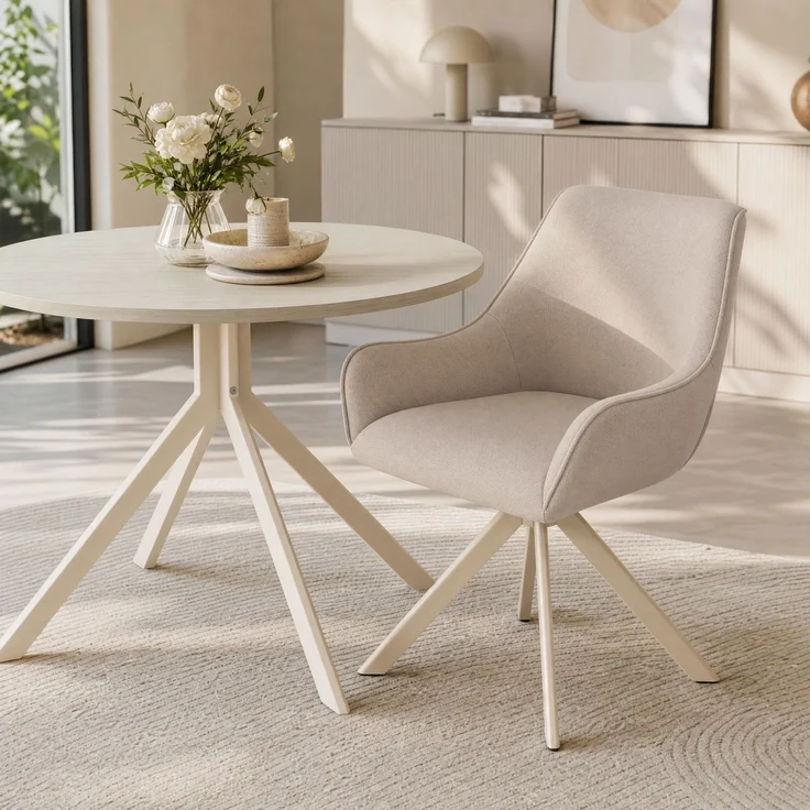 GOEURVANT 1001 Esstisch Set rund Ø 100 cm in Travertin-Optik weiß, Küchentisch mit 4 drehbaren Stühlen in Beige – Bild 2