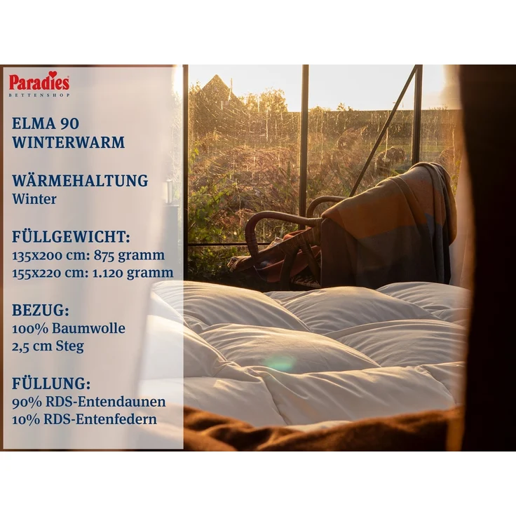 Paradies Daunenbettdecke Elma 90, Füllung: 90% Daunen, 10% Federn, Bezug: 100% Baumwolle, natürliche Leichtigkeit – Bild 2
