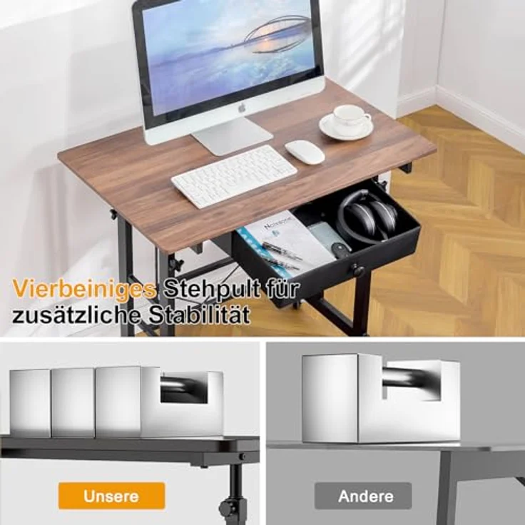 GTPLAYER Höhenverstellbarer Schreibtisch, Computertisch Laptoptisch mit Schubladen,Tisch höhenverstellbar 80 * 50*(73-115) cm, Standing Desk mit Rollen – Bild 6