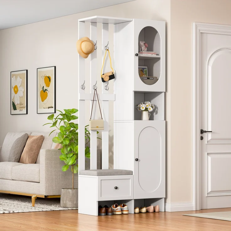 85*33.5*200cm Kompaktgarderoben,Startseite Möbel Mit 2 Schränken,Aufbewahrungsschrank aus gehärtetem Glas, Garderoben-Set Weißer Eingangsschrank, Garderobenständer mit Schuhbank und Polster – Bild 2