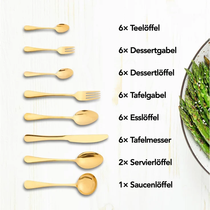 Brixy Besteckset - Gold - 39-teilig - 6 Personen Besteck - Mehrere Gänge - Messer/Löffel/Gabel - Edelstahl - Gold – Bild 11