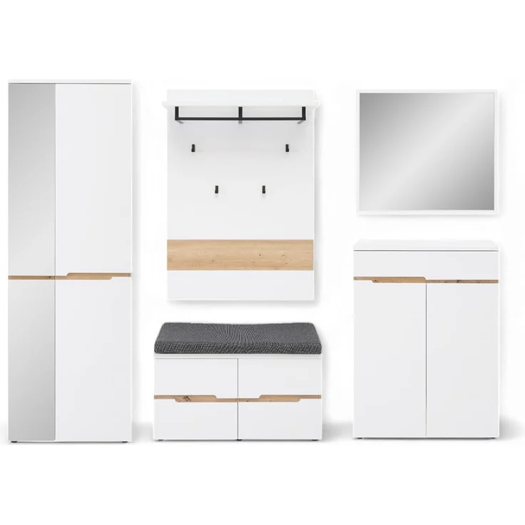 Stella Trading Memphis Flurgarderoben Set in Weiß, Artisan Eiche Optik - Modernes Garderobenset 5-teilig für Ihren Eingangsbereich - 255 x 192 x 38 cm (B/H/T) – Bild 1