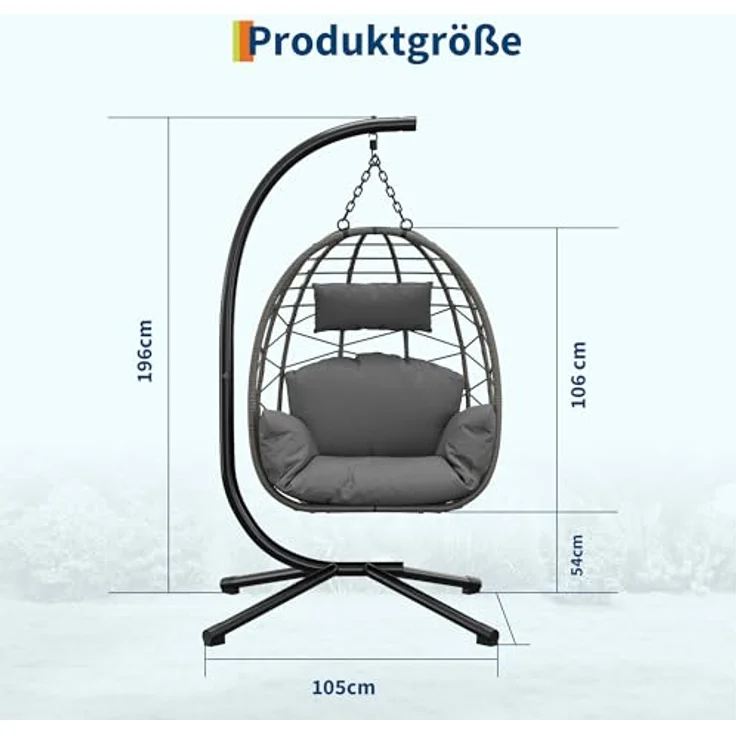 Hängesessel mit Gestell Outdoor bis 150 kg belastbar, Rattan Hängesessel mit Metallgestell, ideal als Hängesitz Indoor mit Gestell für Garten, Terrasse & Balkon Grau – Bild 7