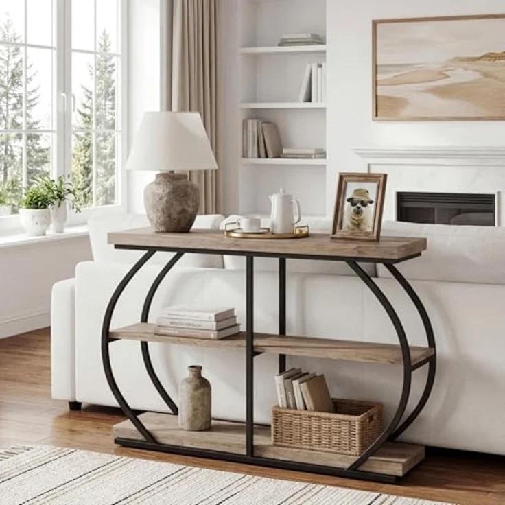LITTLE TREE 105 cm Konsolentisch, industrieller 3-stufiger Sofatisch hinter dem Sofa, Flurtisch, Eingangstisch mit gewölbtem Metallrahmen und Ablageflächen für Wohnzimmer, Eingang, Hellbeige – Bild 1