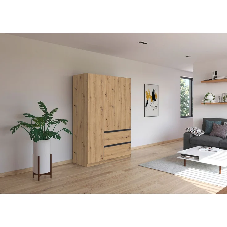 rauch Kleiderschrank, Drehtürenschrank COSTA, 3-türig, 2 Schubkästen, push-to-open, Eiche Artisan, 136 x 197 x 54 cm – Bild 1