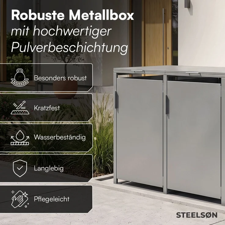 STEELSØN 'Thoria' Mülltonnenbox 2er je 240 Liter, grau, Mülltonnenverkleidung aus Stahl, wetterfest, 116x80x134 cm, Müllbox für 2 Tonnen – Bild 4