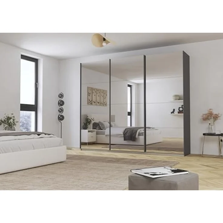 Rauch Möbel Kulmbach, Kleiderschrank mit Schwebetüren für Schlafzimmer, Kinderzimmer, Jugendzimmer, Garderobe, Flur, 3-türig, mit Spiegel, Zubehör Basic, Farbe Grau metallic, Schwarz, Breite 271 cm – Bild 2