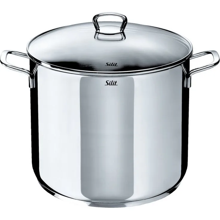 Silit Gemüse- Suppentopf Induktion 28cm, Glasdeckel, Topf hoch 12l, Edelstahl poliert, unbeschichtet, backofengeeignet