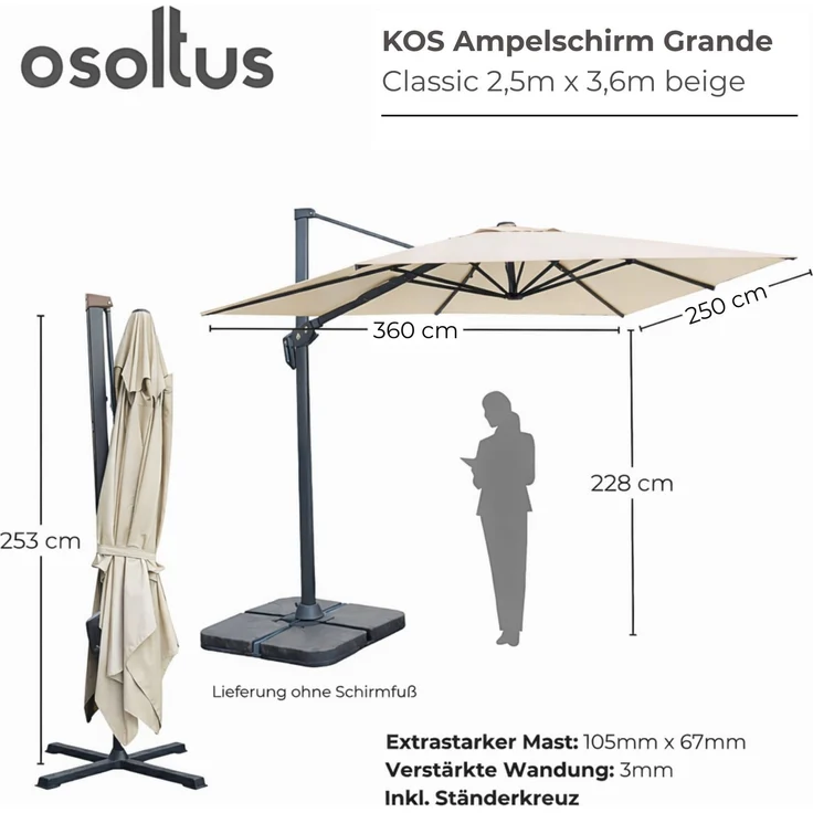 osoltus Ampelschirm KOS Alu-Vario Max 360 x 250 cm axial schwenkbar Beige – Bild 3
