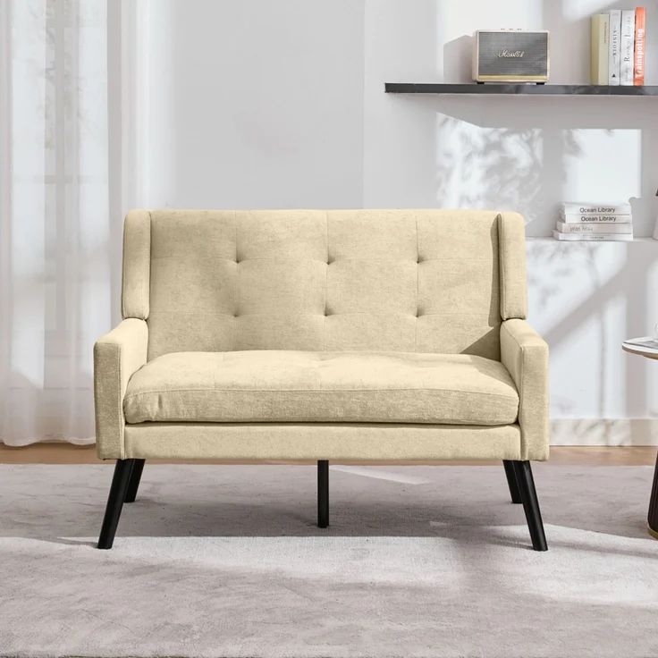LVHOM 2-Sitzer Sofa aus Leinenstoff mit Knopfsteppung, Loveseat mit hochdichter Schaumstoffpolsterung und Massivholzbeinen, Stoffsofa für Wohnzimmer & Büro, bis 260kg, Beige – Bild 6
