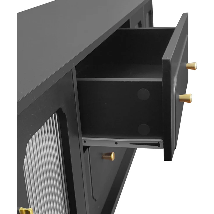 TV-Schrank 175 cm Schwarz mit Rattan-Türen, Push-to-Open Schubladen, mit goldenen Griffen und Stützfüßen – Bild 9