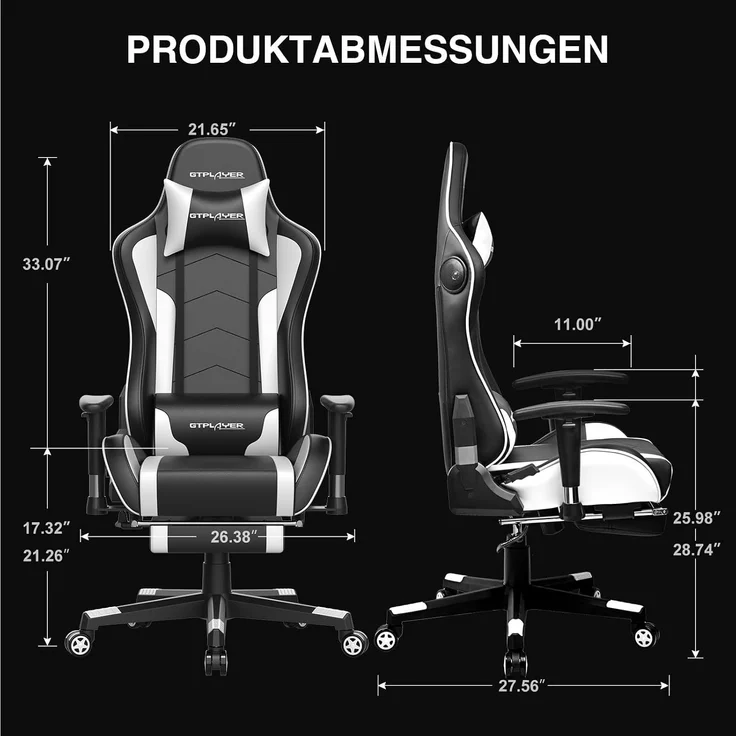 GTPLAYER Gaming Stuhl Gamer Stuhl mit Fußstütze Bluetooth Lautsprecher Ergonomischer Bürostuhl Computerstuhl Schreibtischstuhl PC Stuhl mit verstellbare Rückenlehne 150 kg Belastbarkeit weiß – Bild 2