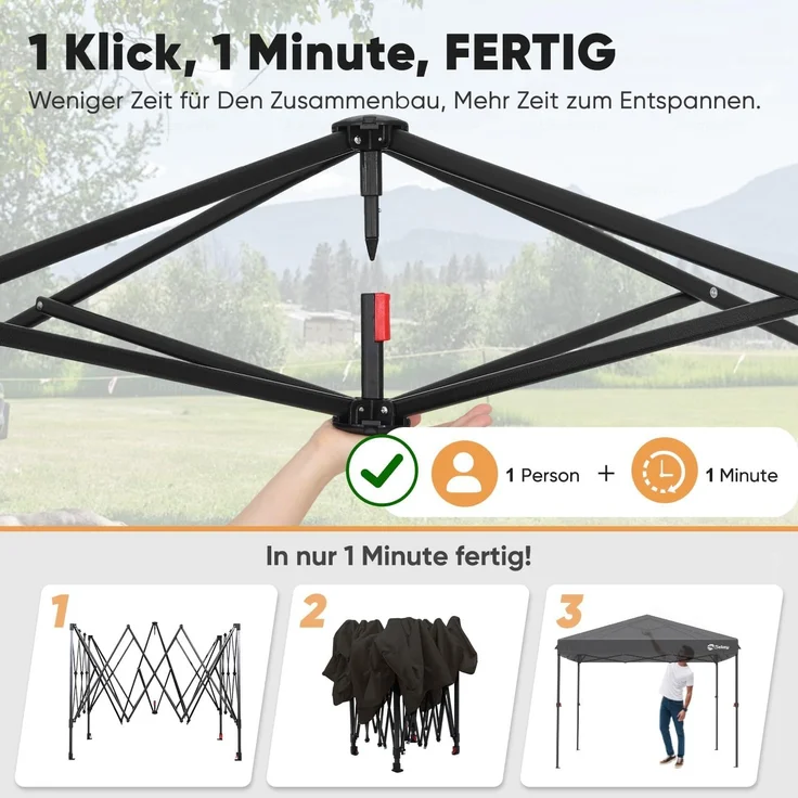 Pop Up Pavillon 3x3m mit 4 Seitenteilen, Wasserdicht Stabil Winterfest, Faltbar, Schwarz – Bild 3