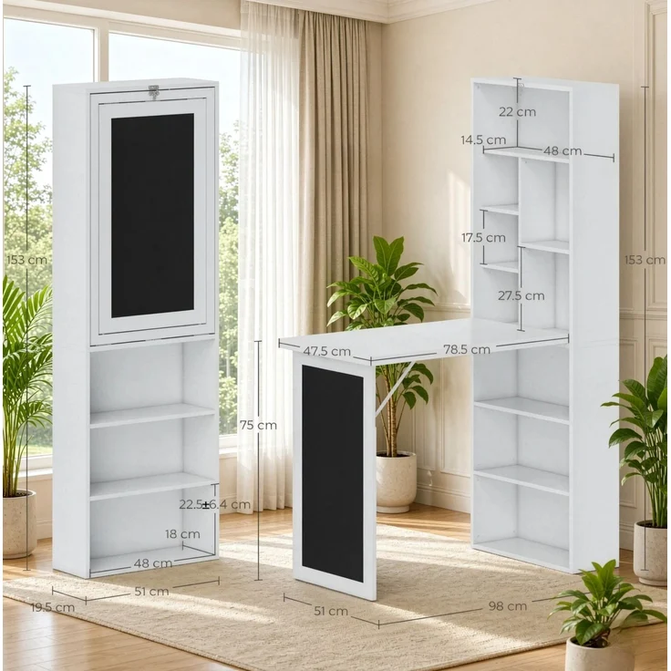 Schreibtisch aus MDF und Kiefernholz, klappbar mit Regal, 98x51x153 cm, Weiß/Schwarz – Bild 4
