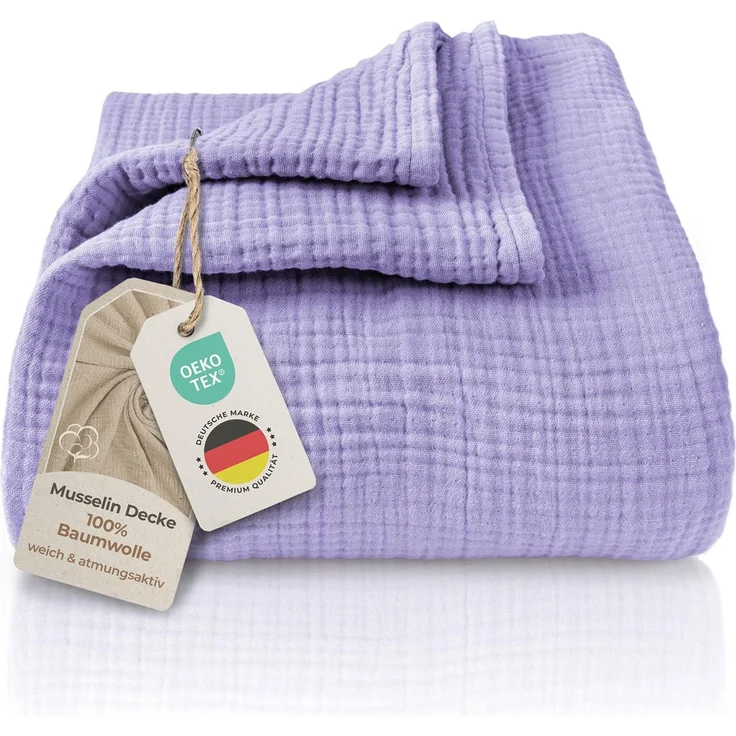 LAYNENBURG Premium Musselin Tagesdecke 220x240 cm XXL - 100% Baumwolle - extraweiche Baumwolldecke als Kuscheldecke, Bett-Überwurf, Sofa-Überwurf, Couch-Überwurf - warme Sofa-Decke (Lavendel)
