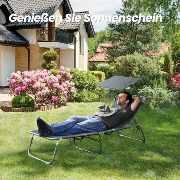 HOMECALL XXL-Sonnenliege aus Aluminium mit Dach und Quick-Dry-Schaum, max. Belastung bis 150 kg, Textilene anthrazit, 200x70 cm – Bild 3