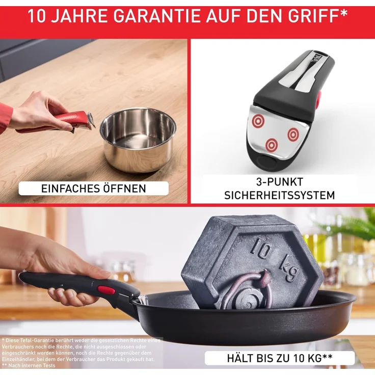 Tefal Ingenio Easy On 4-tlg. Kochgeschirr-Set, 3x Pfannen (22, 24, 26 cm), 1x abnehmbarer Griff, kompakt, stapelbar, Antihaftbeschichtung, Thermo-Signal Temperaturanzeiger, Schwarz, L1599043 – Bild 6
