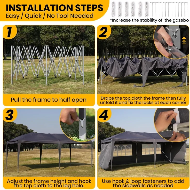Velway Faltpavillon 3x6 m Wasserdicht Pavillon - Anti-UV Stabil Winterfest Faltbar Partyzelt - Gartenpavillon mit 6 Seitenwänden & Dach 12 Erdhaken & 6 Seile - Gartenzelt für Freien Hochzeiten - Grau – Bild 6