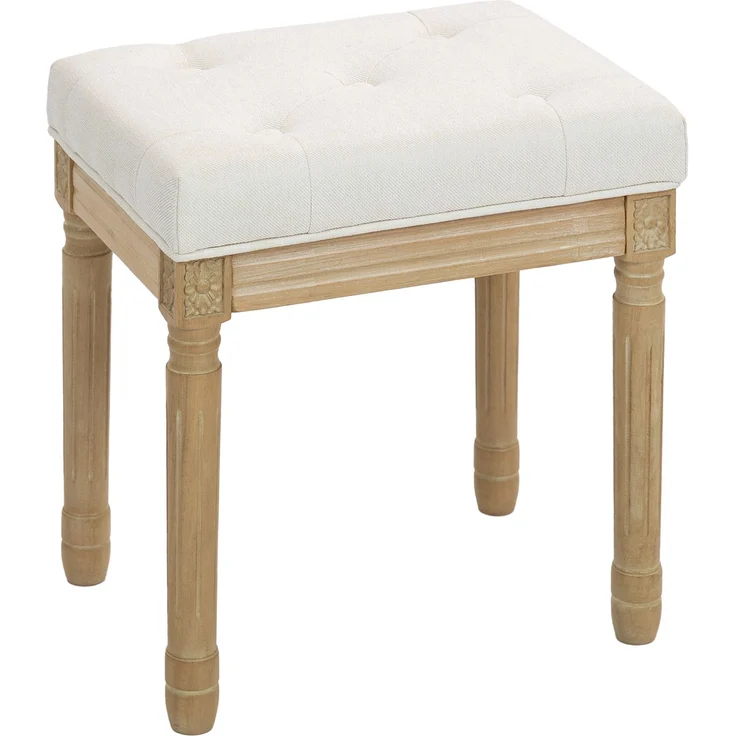 MELAYR, Wohnzimmer-Hocker/Fußhocker, Gepolsterter Sitz in Leinenoptik, Beine aus Gummibaumholz, 42 x 32 x 46,5 cm, Beige – Bild 1