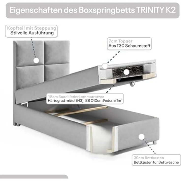 Best for Home Boxspringbett K2 SINGLE mit Bettkasten (Silber 90x200) – Bild 5