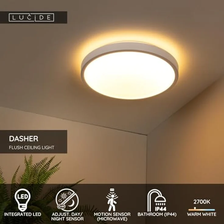 LUCIDE DASHER Deckenleuchte Badezimmer, Ø 41 cm, LED 1x24W 2700K, IP44 mit Bewegungssensor, Weiß – Bild 3